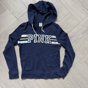 Pink Victorias Secret Navy Blue Full Zip Jacket Womens Size Small